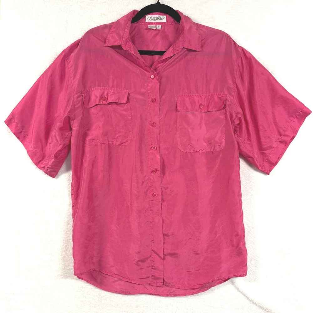VTG Silk Wear M Magenta Pink Short Sleeve 100% Silk Button Down Top Barbie Femme